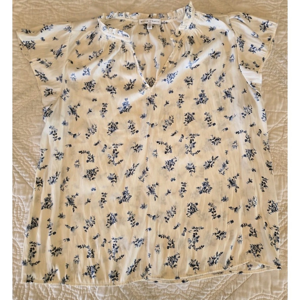 Maison d'Amélie Paris Floral Blouse Women's Large L Blue White Top V Neck